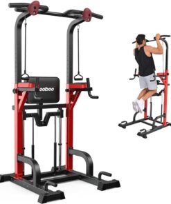 Pooboo Power Tower Dip Station Pull Up Bar Adjustable Height with Elastic Ropes 450 lb Capacity