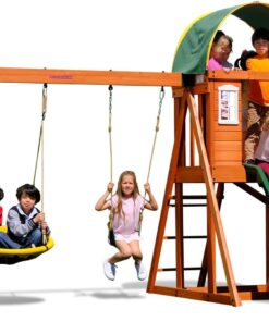 Sportspower Amelia Wooden A Frame Swing Set with Saucer Swing Slide Play Fort and Sandbox