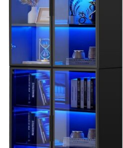 JOYUSAEN 78 in Display Cabinet Bookshelf with LED Lighting Glass Door Large Storage