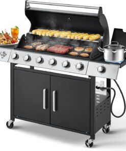 MELLCOM 60000 BTU Stainless Steel 6 Burner Propane Gas Grill with Side Stove and Cast Iron Grates