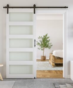 SmartStandard 36x84 in Glass Barn Door with 6.6 ft Sliding Hardware Kit White 5 Panel