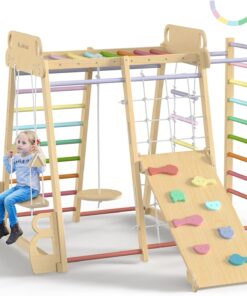 Upgraded Indoor Playground 9 in 1 Wooden Jungle Gym Climber Playset with Slide Swing Monkey Bars Ladder and Climb Net
