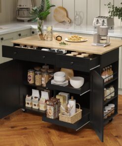 GarveeHome Rolling Kitchen Island 47.2 in with Drop Leaf Charging Station Storage