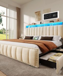 YITAHOME King Bed Frame with 4 Storage Drawers RGB Lights Upholstered Platform Bed Beige
