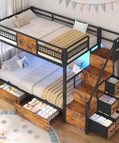 BTHFST Twin Over Twin Bunk Bed with Stairs LED Lights Storage Drawers Metal Frame