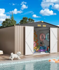 IRONCK 10x12 ft Outdoor Storage Shed Metal Garden Shed with Vent and Lockable Doors Brown